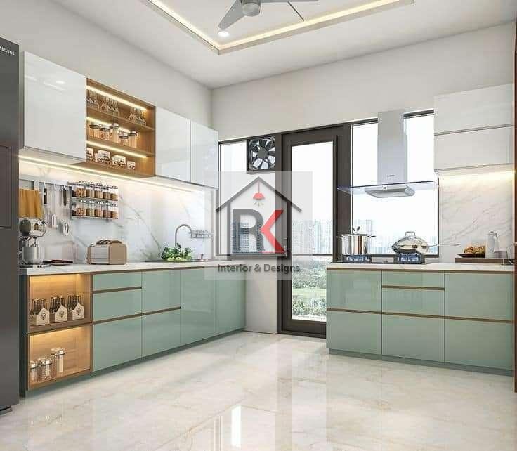 Bright U-shaped kitchen featuring light-colored cabinets with glass inserts, open shelving, and a spacious feel.