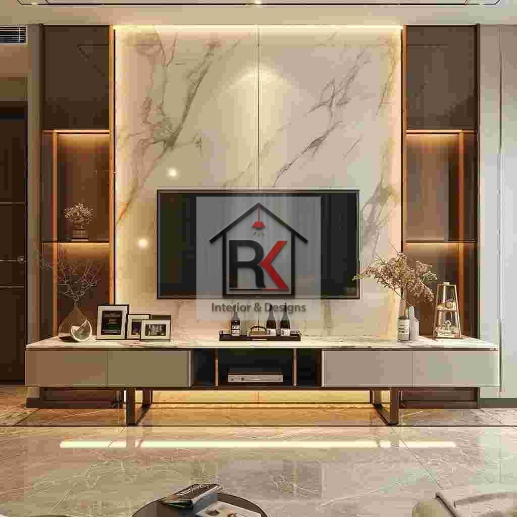 A luxurious TV unit with a marble wall and gold accents, featuring accent lighting and a spacious design.